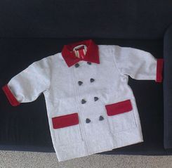 Kingerjacke Gr. ... - grauer Jeansstoff mit gestreiftem Futter und mit rotem Cordstoff an Kragen, Taschen und Ärmeln abgesetzt (Bw/ El)
 - Modeatelier meins